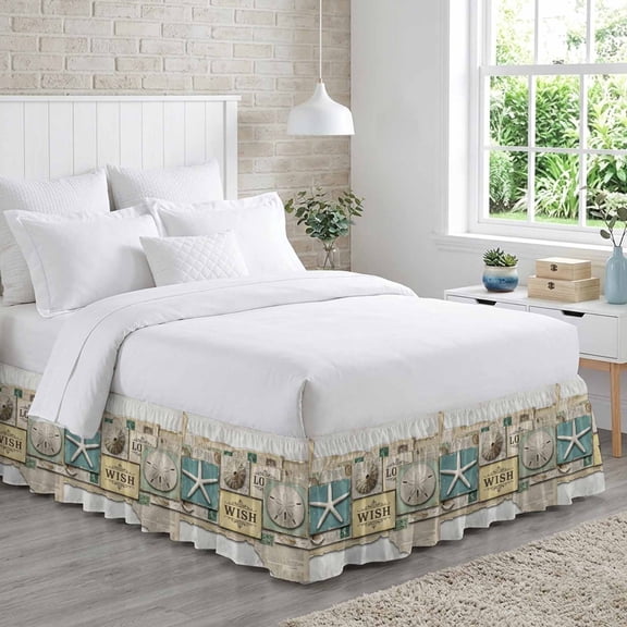 Vintage Nautical Bed Skirt King Size 18 Inch Drop, Beach Wish Starfish Sand Dollar Newspaper Adjustable Elastic Dust Ruffles Bedskirt for King Bed Wrap Around Pleated Mattress Frame Cover