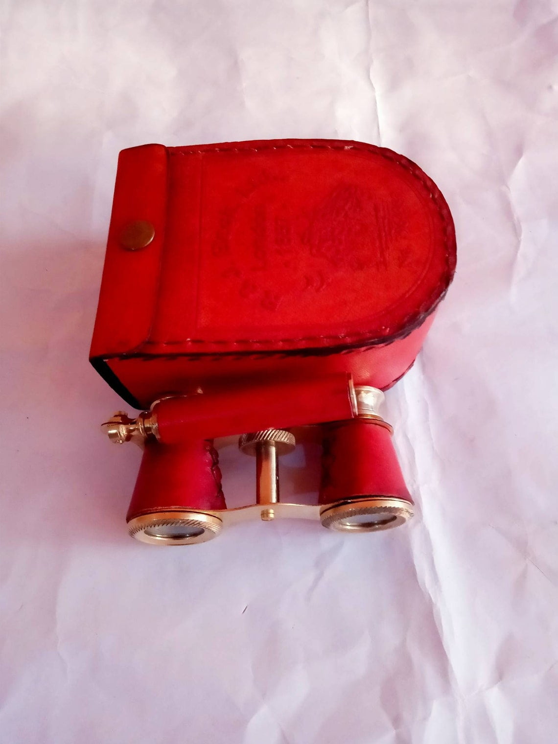 Vintage Nautical Brass Binoculars Red Binoculars with leather Box Leather Brass item