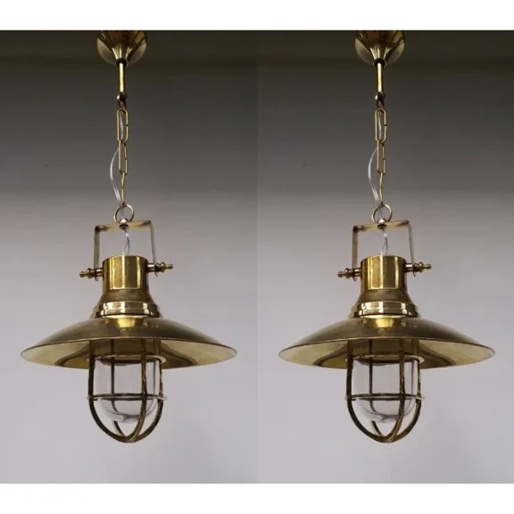 Vintage Nautical Brass Pendant Light with Cage | Industrial Marine-Style Ceiling Fixture Set of 2