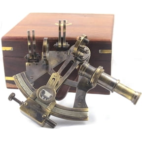 Vintage Nautical Brass Sextant Antique Marine Anchor Design with Handmade Wooden Box, Educational Instrument