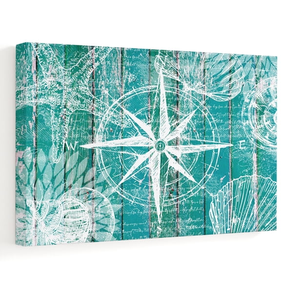 Vintage Nautical Canvas Wall Art 10" x 8" Summer White Compass Shell Starfish Teal Wooden Frame Picture Prints, Ready to Hang Waterproof Artwork Decor for Bathroom, Kitchen Small Wall Spaces