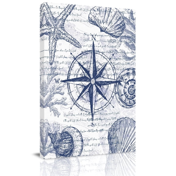 Vintage Nautical Canvas Wall Art for Living Room, Summer Navy Blue Compass Shell Starfish Map Wall Decor Framed Artwork Pictures Ready to Hang for Bedroom Office Home Decor