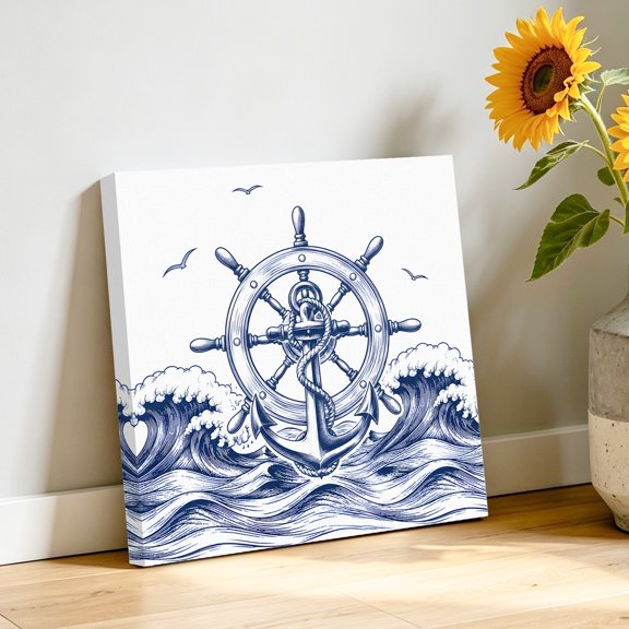 Vintage Nautical Canvas Wall Art, Navy Blue Anchor Ship Wheel Ocean Wave Coastal Pictures Wall Decor Wooden Framed Artwork Art Prints for Living Room Hallway Bedroom Office 10"x10"