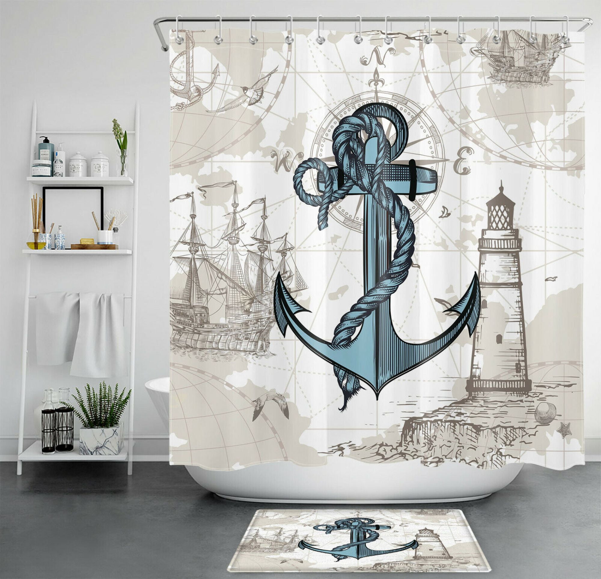 Vintage Nautical Charm Anchor Shower Curtain Set with Sailing