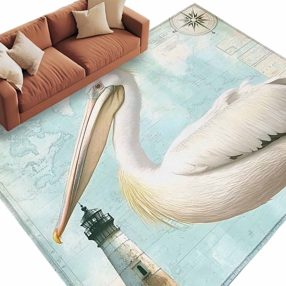 Vintage Nautical Coastal Area&nbsp;Rug 5x8ft Summer Great White Pelican Bird Ocean Compass Non-Slip&nbsp;Washable Square&nbsp;Rugs Soft Felt Indoor Floor Mat for Bedroom Kitchen Living Room Bathroom