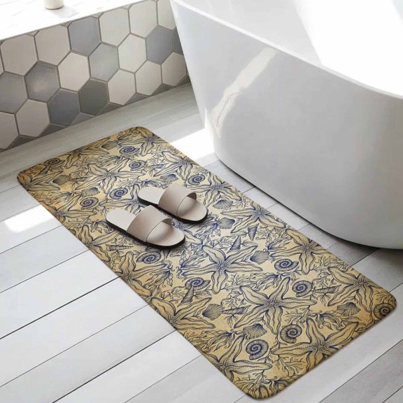 Vintage Nautical Coastal Bathroom Runner Rugs Non Slip Washable Absorbent Narrow Long Bath Mat Ocean Starfish Conch Shell Coral Brown Runner Rugs for Kitchen Hallway Bedroom Laundry 19.7"x63"