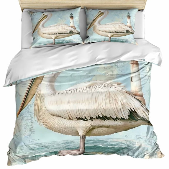 Vintage Nautical Coastal Bedding 3 Piece Duvet Cover Set Twin Size, Summer Bird Ocean Wave Soft Microfiber Comforter Cover with Zipper Closure & Pillowcases, Wrinkle & FadeResistant Quilt Cover