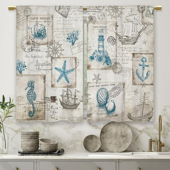 Vintage Nautical Coastal Kitchen Curtains Sailboat Compass Small Short Cafe Window Curtains Ocean Beach Seashell Starfish Bathroom Drapes Treatment Tier Curtains 2 Panels (27.5x39 Inch)