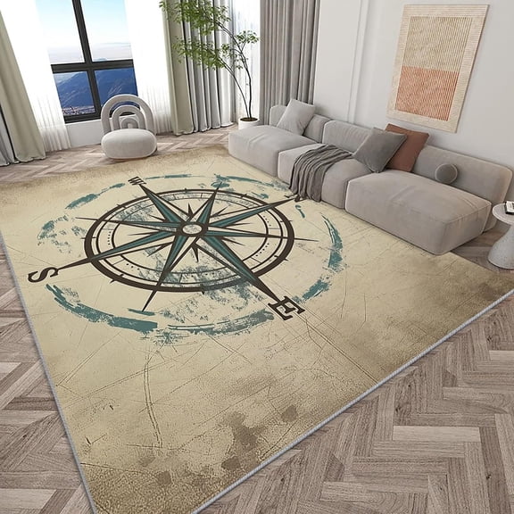 Vintage Nautical Compass Area Rugs, Beige Nautical Compass Carpet, Washable Non Slip Low Pile Soft Rug for Living Room Bedroom Dining Room Decor Mat 2x3ft