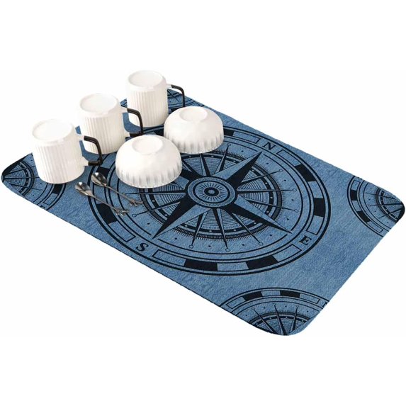 Vintage Nautical Compass Dish Drying Mat for Kitchen Counter, Super Absorbent Quick Dry Coffee Bar Mat Pad Thin Diatomaceous Sink Mat Non Slip Dish Drainer Mat 16''''x18'''' Navigation Geometric Blue