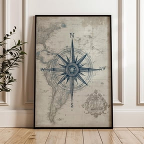 Vintage Nautical Compass Wall Art Print Antique Map Decor