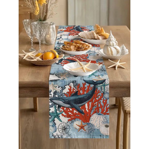 Vintage Nautical Compass Whale Coral Shell Table Runner 13x70in Non-Slip Cotton Linen Table Runners, Ocean Life Dresser Scarves TableRunner for Dinner Kitchen Dining Wedding Party