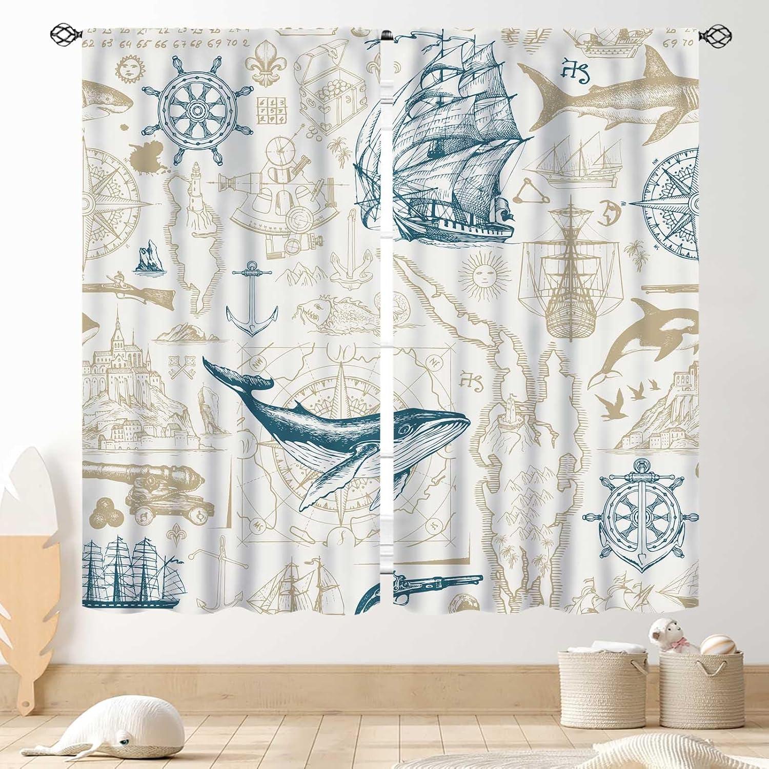 Vintage Nautical Curtains, Marine Coastal Sailboat Compass Anchor Ocean ...