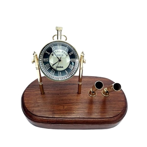 Vintage Nautical Desk Clock with Compass Antique Brass Finish Table Clock on Wooden Base Marine Navy Style Decorative Clock