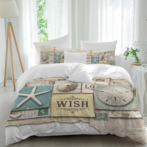 Vintage Nautical Duvet Cover Set Twin Size, Beach Wish Starfish Sand Dollar Newspaper 4 Piece Soft Microfiber Bedding Set with Zipper Closure, 1 Comforter Cover, 1 Flat Sheet, 2 Pillowcases