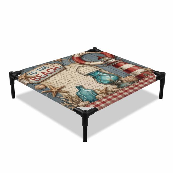 Vintage Nautical Elevated Dog Bed, Ocean Lighthouse to The Beach Letter Red Plaid Cooling Breathable Outdoor Raised Dog Cot Bed with Metal Frame Non-Slip Feet for Small Dog 20x20in