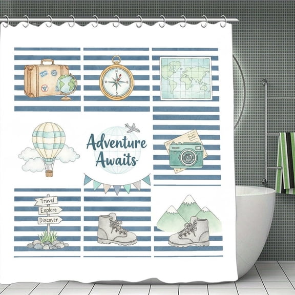 Vintage Nautical Exploration Print Shower Curtain,Modern Fabric Waterproof Shower Curtain Set with Hooks 70.8×70.8Inch (180×180cm)