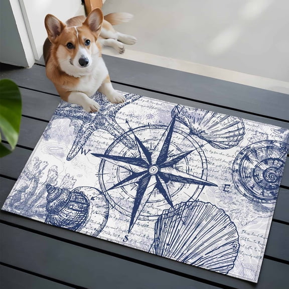 Vintage Nautical Front Door Rugs 2x3 ft Summer Navy Blue Compass Shell Starfish Map Small Rug for Entryway Non Slip Washable Bathroom Door Mat Absorbent Floor Mat for Indoor Entrance