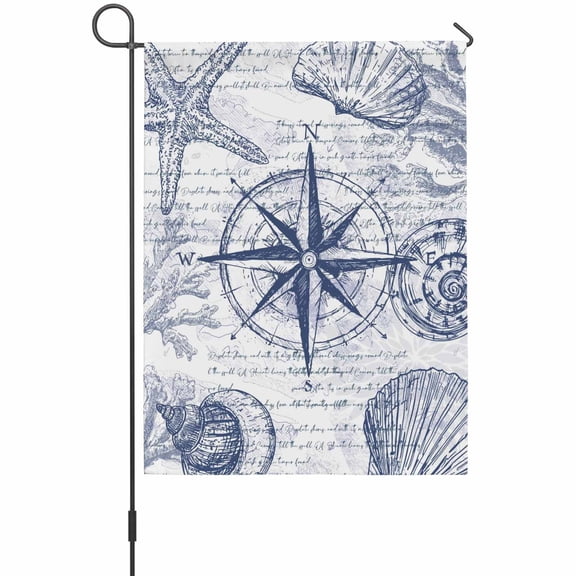 Vintage Nautical Garden Flag 12 x 18 Inches, Summer Navy Blue Compass Shell Starfish Map Weather Proof Outdoor Patio Flags Double Sided Small Garden Decoration for Yard Outside Home