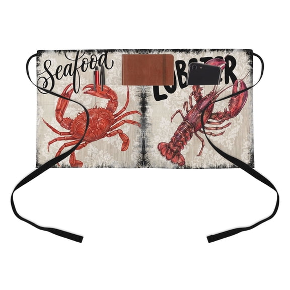 Vintage Nautical Half Waist Apron Rudder Lobster Crab Coastal Ocean Short Waiter Aprons with 3 Pockets for Women Men Kitchen Restaurant Cooking