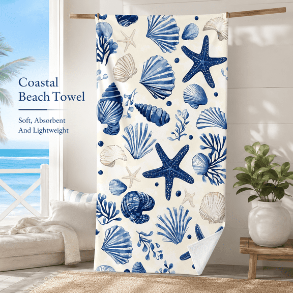 Vintage Nautical Indigo Seashell Conch Marine Ivory Microfiber Sandless Quick Dry Absorbent Beach Towel Women Men Pool Swim Yacht Resort Gift 36x71 Inch