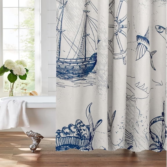 Vintage Nautical Linen Shower Curtain-Coastal Lighthouse Compass Anchor Sailboat Bathroom Decor,Beach Theme Sailboat Waterproof Fabric Shower Curtain Bathtub Decor with 12 Hooks Navy 72 x 72 Inch