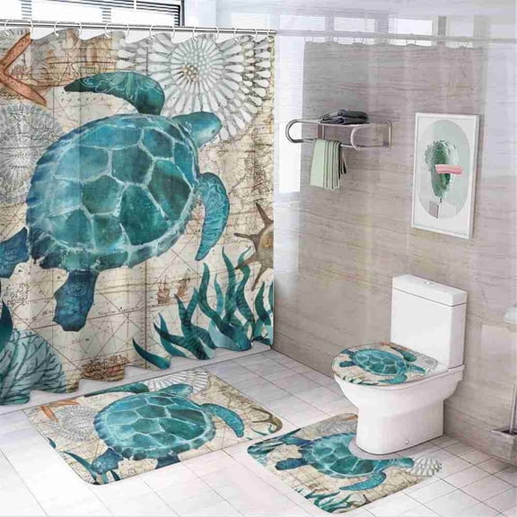 Vintage Nautical Map Teal Sea Turtle 4-Piece Shower Curtain Set with Bath Mats and Toilet Lid Cover for Bathroom Decor