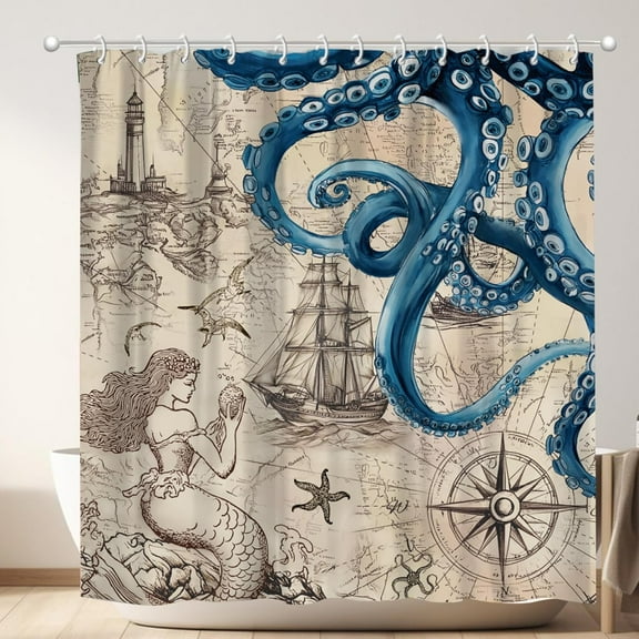 Vintage Nautical Octopus Shower Curtain Funny Ocean Kraken Shower Curtains Waterproof 72x72 Inches Anchor Coastal Map Shower Curtain Set Home Bathroom Curtain Decor with 12 Hooks DIY Octopus