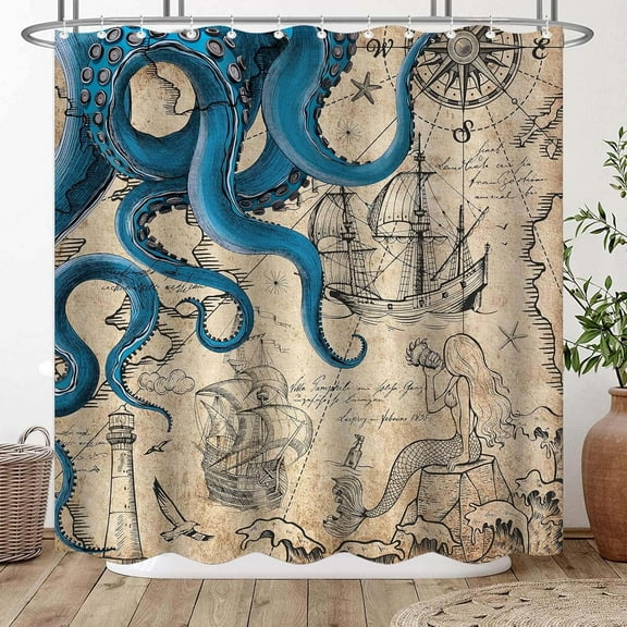 Vintage Nautical Octopus Shower Curtain Mermaid Fun Ocean Sea Shower Curtain Bathroom Anchor Coast Map Waterproof Fabric Shower Curtain Decor with Hooks,fabric shower curtains for bathroom