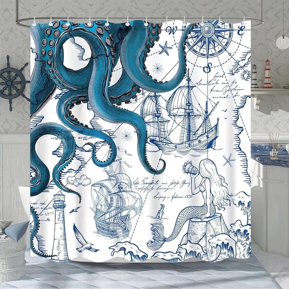 Vintage Nautical Octopus Shower Curtain Navy Blue Mermaid Funny Ocean Kraken Shower Curtains for Bathroom Anchor Coastal Map Waterproof Fabric Bath Curtain Decor with Hooks 72 x 72
