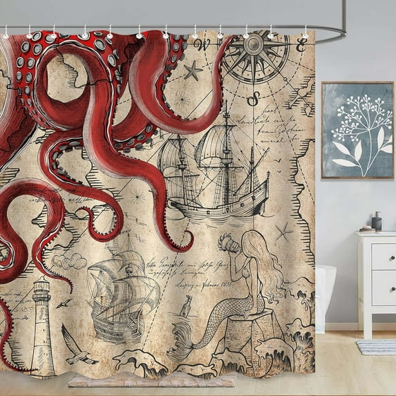 Vintage Nautical Octopus Shower Curtain Navy Blue Mermaid Funny Ocean Kraken Shower Curtains for Bathroom Anchor Coastal Map Waterproof Fabric Bath Curtain Decor with Hooks 72 x 72