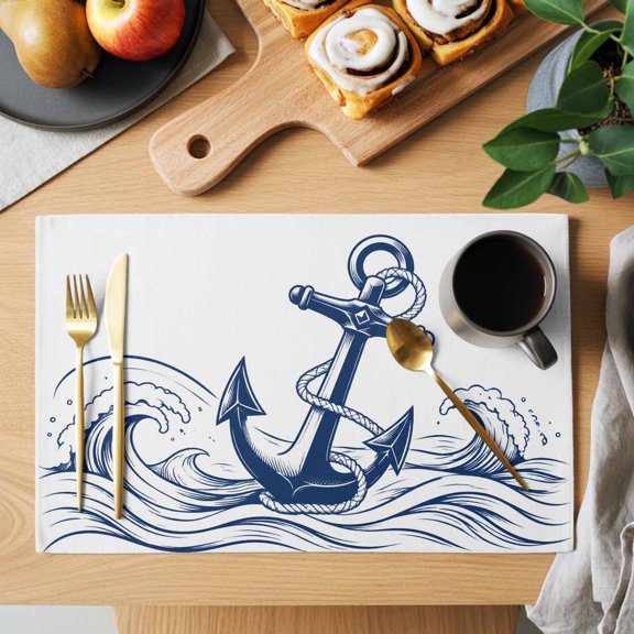 Vintage Nautical Placemats Set of 1 Navy Blue Anchor Rope Ocean Wave Coastal Heat Insulation Washable Place Mats, Non-Slip Table Mats for Dining Table Party Kitchen Decor, 13x19 Inch