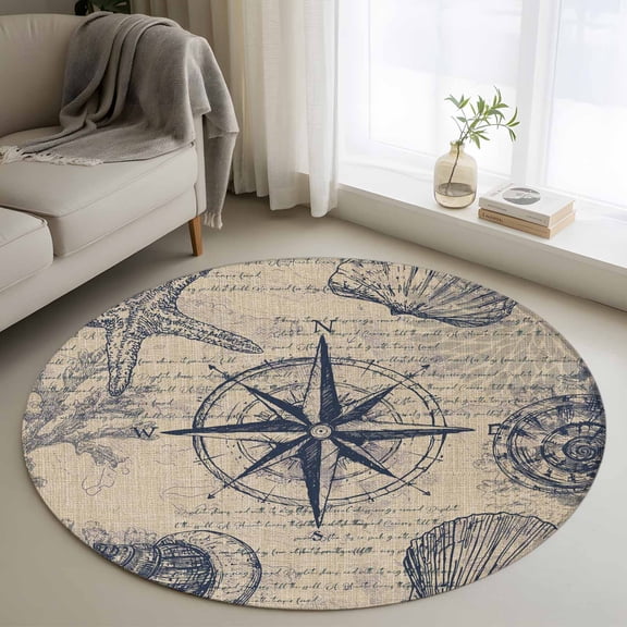 Vintage Nautical Round Area Rugs 3 ft, Summer Navy Blue Compass Shell Starfish Brown Washable Small Area Rug with Non-Slip Sturdy Edge Binding Round Front Door Mat Floor Carpet for Entryway