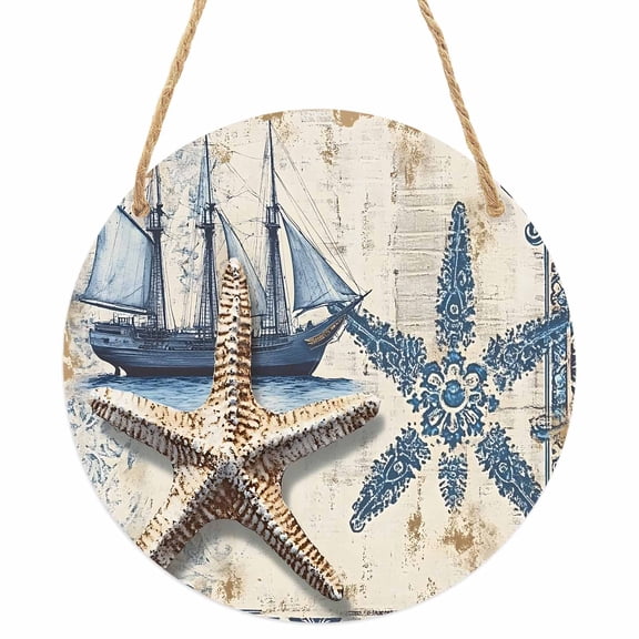 Vintage Nautical Round Front Door Welcome Sign, 5.9 Inch Wall Hanging Decor for Indoor Outdoor, Summer Coastal Floral Starfish Home Porch Hanger Decorations for Holiday Gift