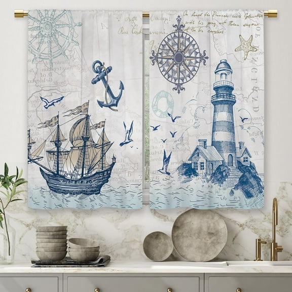 Vintage Nautical Sailboat Kitchen Curtains Lighthouse Compass Anchor Small Short Cafe Window Curtains Sea Ocean Rod Pocket Bathroom Drapes Treatment Tier Curtains 2 Panels (27.5x36 Inch)