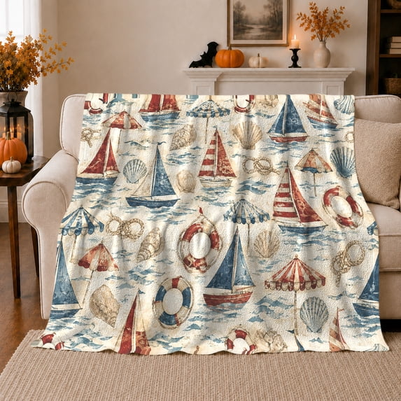 Vintage Nautical Sailboat Seashell Pattern, Cozy Coastal Landscape Scene, Warm Flannel Blanket for Beach House and Living Room, Beach Lovers Housewarming Gift, Coastal Home Decor