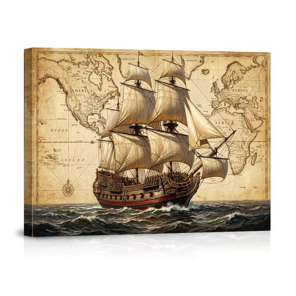 Vintage Nautical Sailing Ship Antique World Map Old Maritime Wall Art, Eye Catching Coastal Theme For Living Room And Bedroom Decor
