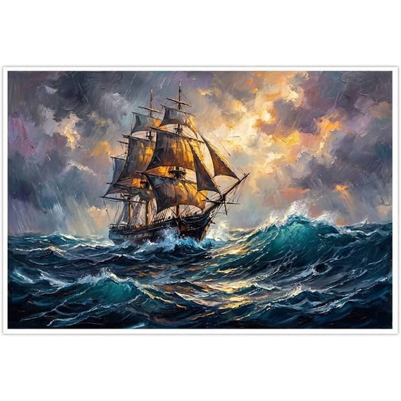 Vintage Nautical Sailing Ship Wall Art Stormy Ocean Waves Sea Print Decor
