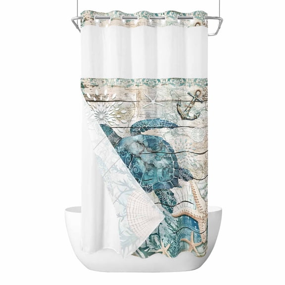 Vintage Nautical Sea Creatures Wood Grain No Hook Shower Curtain with Snap in Liner Set,Turtle Shell Coral Waterproof Fabric Shower Curtains with See Through Top Window for Bathroom,36Wx72L