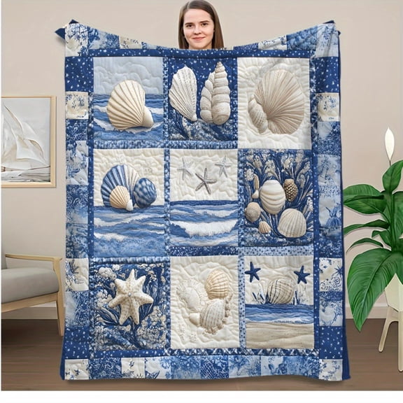 Vintage Nautical Seashell Quilt Blanket - Coastal Beach Theme with Starfish & Shells, Blue & White Flannel All-Season Sofa Bed Throw for Home Decor, Camping, Travel, Gift