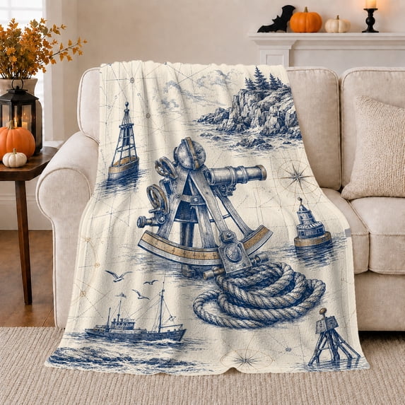 Vintage Nautical Sextant Sailing Ship Sketch, Peaceful Coastal Landscape Scene, Warm Flannel Blanket for Beach House and Living Room, Beach Lovers Housewarming Gift, Coastal Home Decor