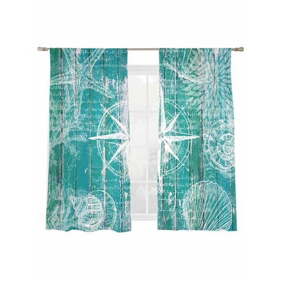 Vintage Nautical Sheer Curtains 63 Inch Long 2 Panels, Summer White Compass Shell Starfish Teal Wooden Light Filtering Rod Pocket Curtains, Sheer Voile Drapes for Living Room Bedroom, 52"x63"