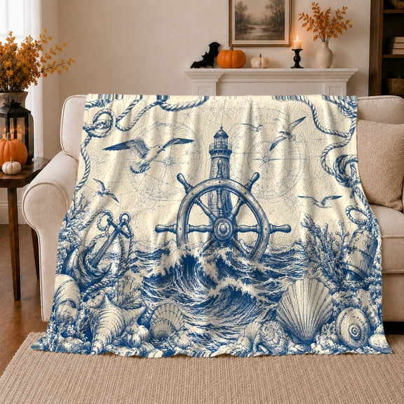 Vintage Nautical Ship Wheel Lighthouse Blue Etching Print, Cozy Coastal Landscape Scene, Warm Flannel Blanket for Beach House and Living Room, Beach Lovers Housewarming Gift, Coastal Home Decor