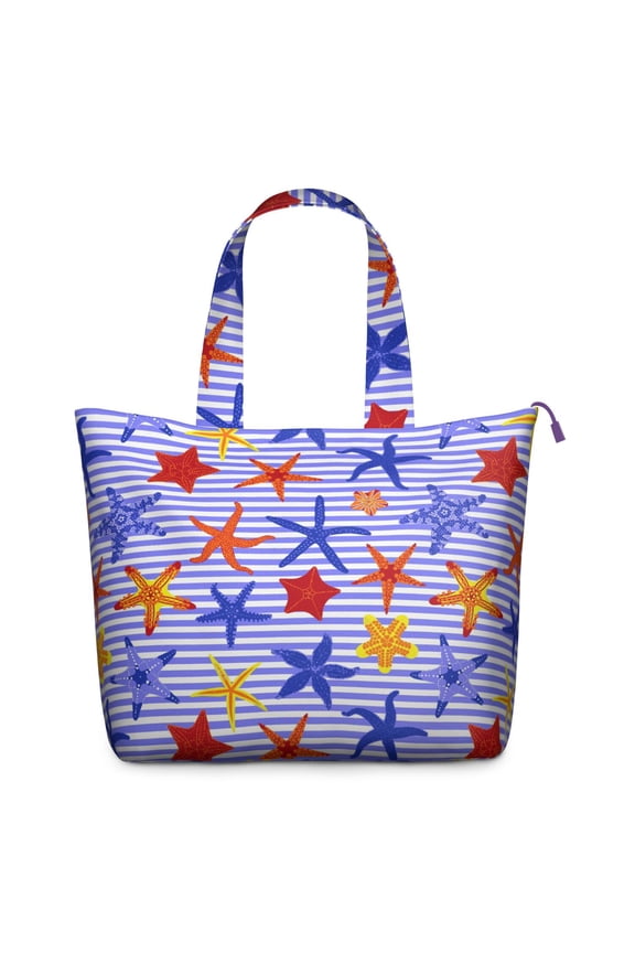 Vintage Nautical Shoulder Bag - Durable Beach Tote with Starfish & Coral Pattern, Secure Zipper & Multiple Pockets for Work or Travel
