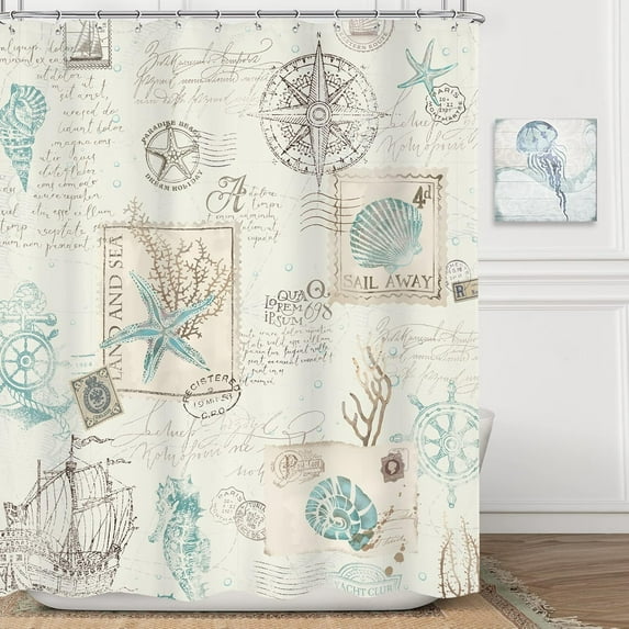 Vintage Nautical Shower Curtain 72Wx72H Inch Coastal Sailboat Compass Anchor Starfish Seashells Retro Sea Horse Ocean Beach with 12 Plastic Hooks Fabric Waterproof Toilet Accessories Decor