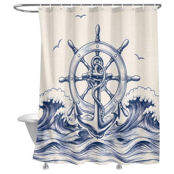 Vintage Nautical Shower Curtain, Navy Blue Anchor Ship Wheel Ocean Wave Linen Lightweight Waterproof Fabric Shower Curtain with Rustproof Grommets for Bathroom Bathtub 36x72in