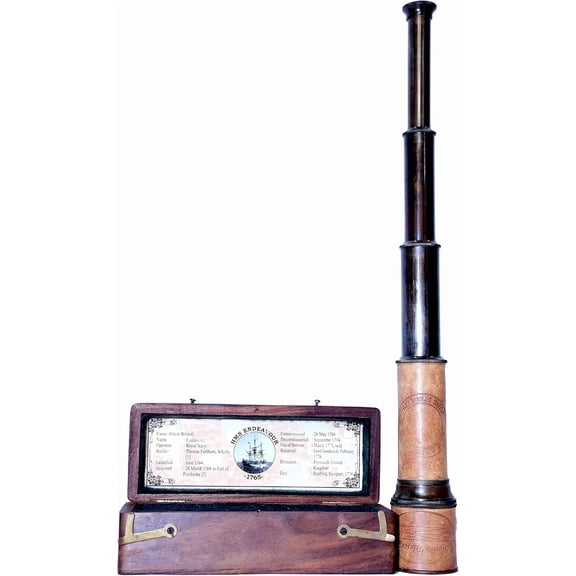 Vintage Nautical Spyglass Telescope with Wooden Storage Box Antique Brass Maritime Pirate Scope for Home Office Decor, Travel Collection & Gift Display