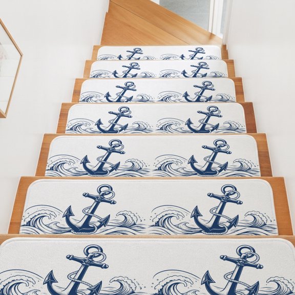 Vintage Nautical Stair Treads Non Slip for Steps Navy Blue Anchor Rope Ocean Wave Coastal 15 Pcs Reusable Adhesive Stair Runner Mats for Dogs Elders Carpet Treads Rugs for Staircase 8x30 In