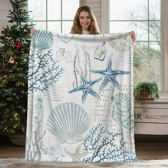 Vintage Nautical Starfish And Shell Blanket Comfortable Lightweight Blue And Teal Plush Blanket with Coral Reef Design Hypoallergenic Machine Washable for Sofas Beds Beach House Decor