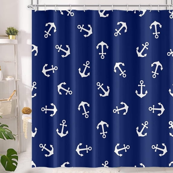 Vintage Nautical Style Shower Curtains Navy Blue Backdrop White Anchor Pattern Design for Bathroom Decor Waterproof Polyester Fabric 72x72 Inch Shower Curtain with 12 Hooks